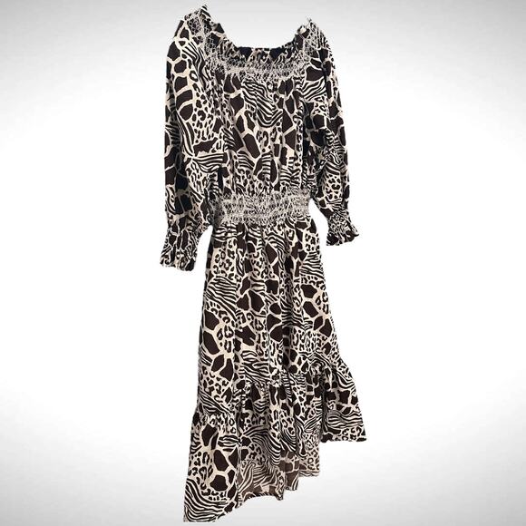 Adam Lippes Size 14 Smocked‎ Off Shoulder Midi Dress Brown Mixed Animal Print - Picture 5 of 13